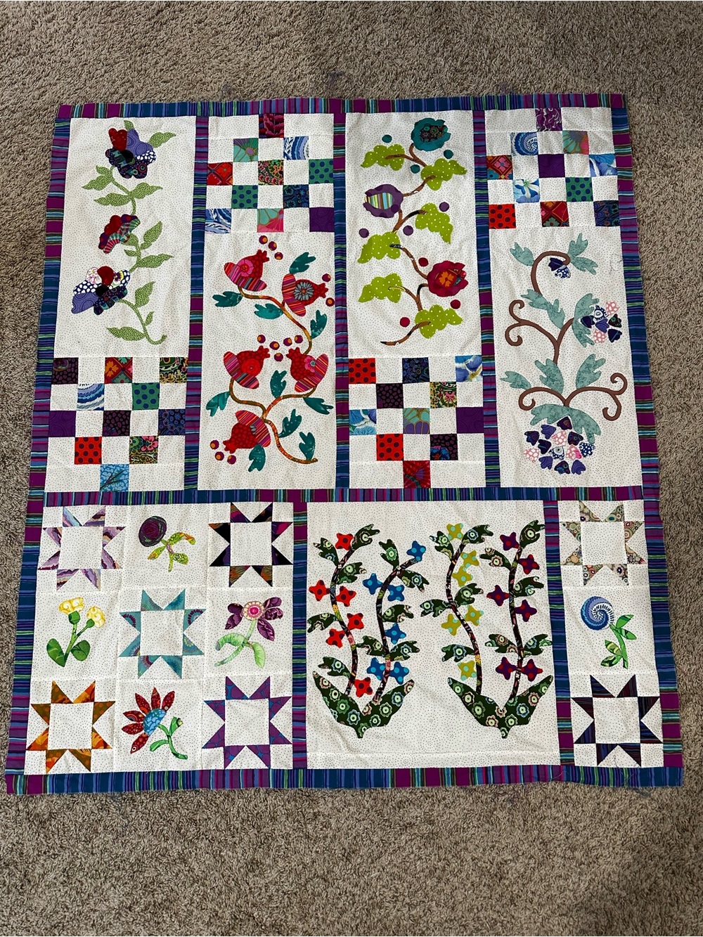 Handmade Patchwork Applique Quilt Top 52x45 Floral Birds Multicolor Unfinished